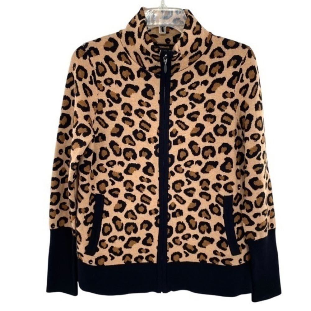 Rachel Zoe Mock Neck Leopard Print Zip Up Cardigan Sweater